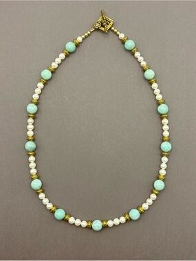 Freshwater Pearl and Amazonite Bead Necklace with Antique Gold Accents